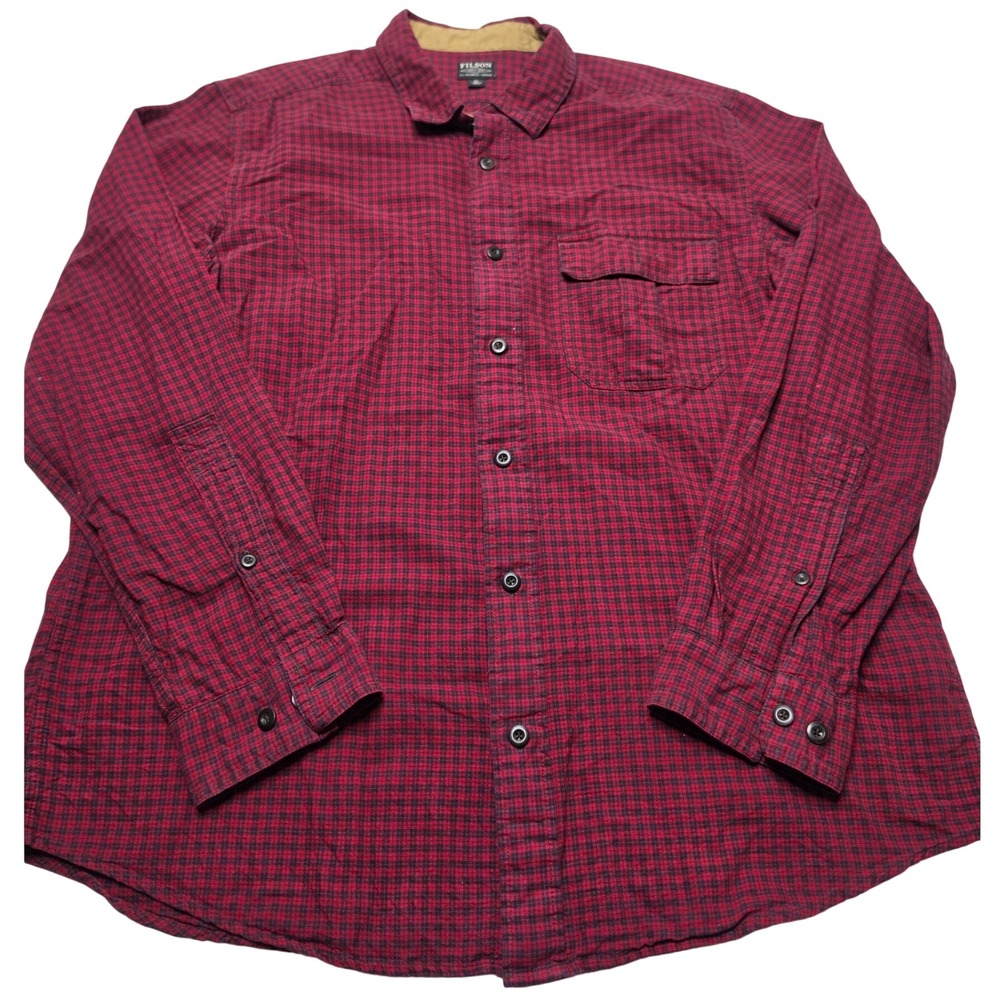 Filson Mens XL Red Black Micro Check Cotton Button Down Long Sleeve Shirt